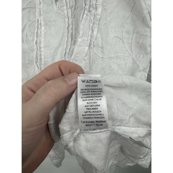 Kenar 100% Linen Shirt Women XL White Embroidered Roll Tab Sleeve Coastal Beach - Picture 5 of 8